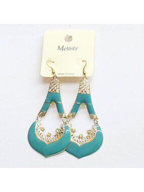 NWT Melody Womens Fashion Teardrop Enamel Filigree Earrings Gold / Blue 3.5"